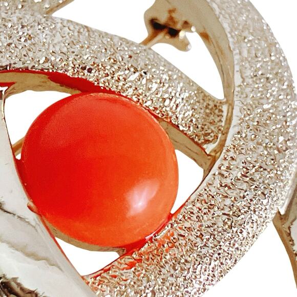 Vintage Signed Sarah Coventry 1960s Atomic Brooch Modernist Gold Tone Orange - Picture 2 of 8